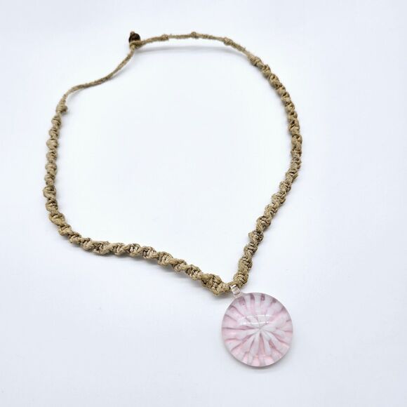 Pink Murano Starburst Necklace Pendant Boho Hemp Chain Art Glass Artisan Flower - Picture 3 of 8